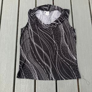 Vintage black and white cowl neck tank top with swirl line print, Y2K 90s groovy